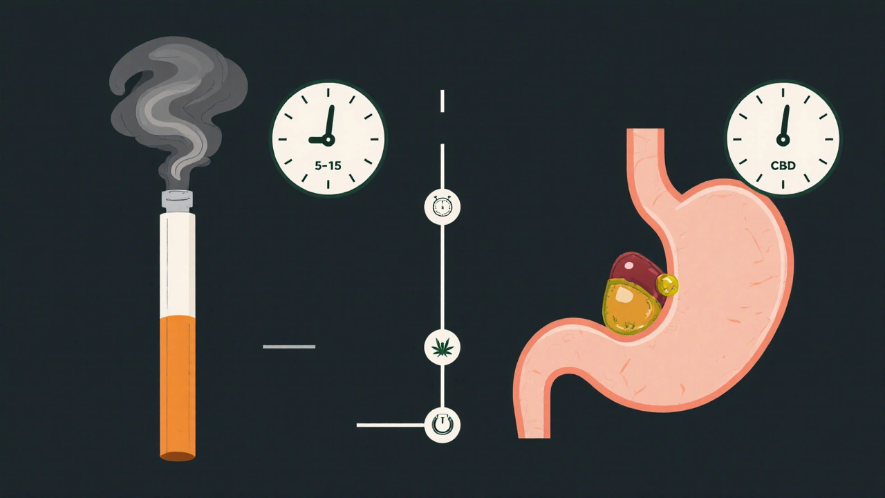 Časová osa s kouřením a CBD gumičkami, znázorňující různou rychlost účinku.
