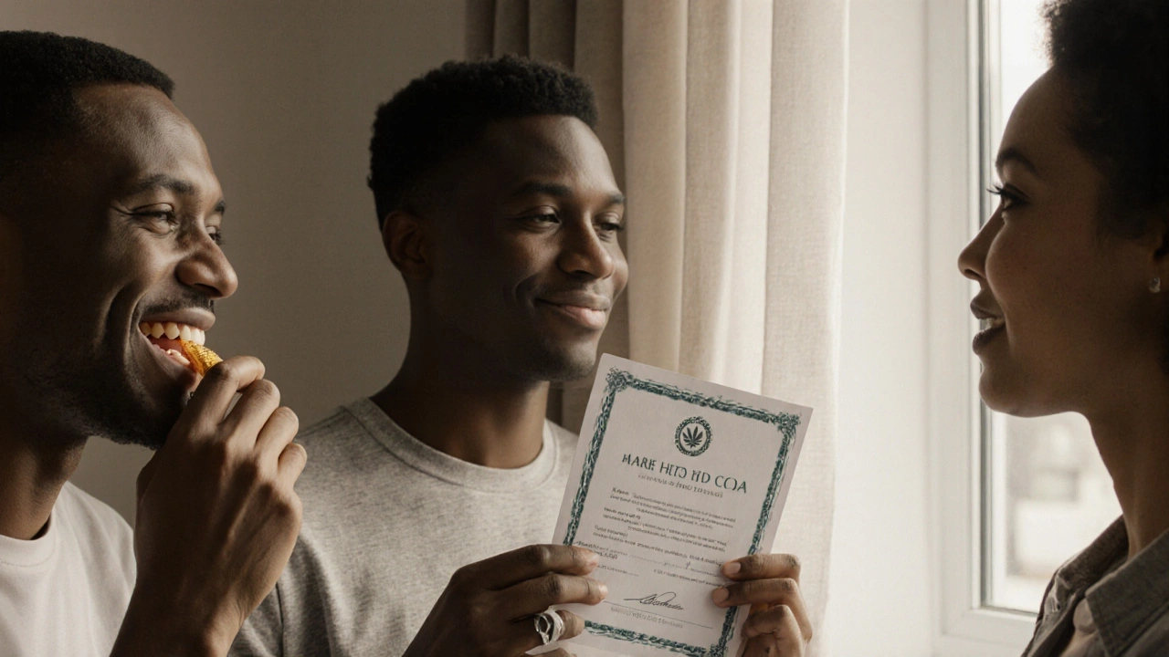 Tři lidé v klidném domácím prostředí, kteří přešli z kouření na CBD gumičky.