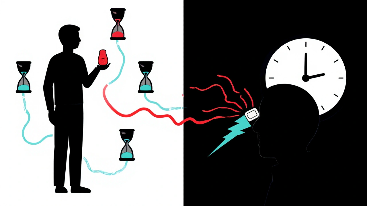 Two silhouettes representing slow and fast THC effects, with hourglasses and light pulses.