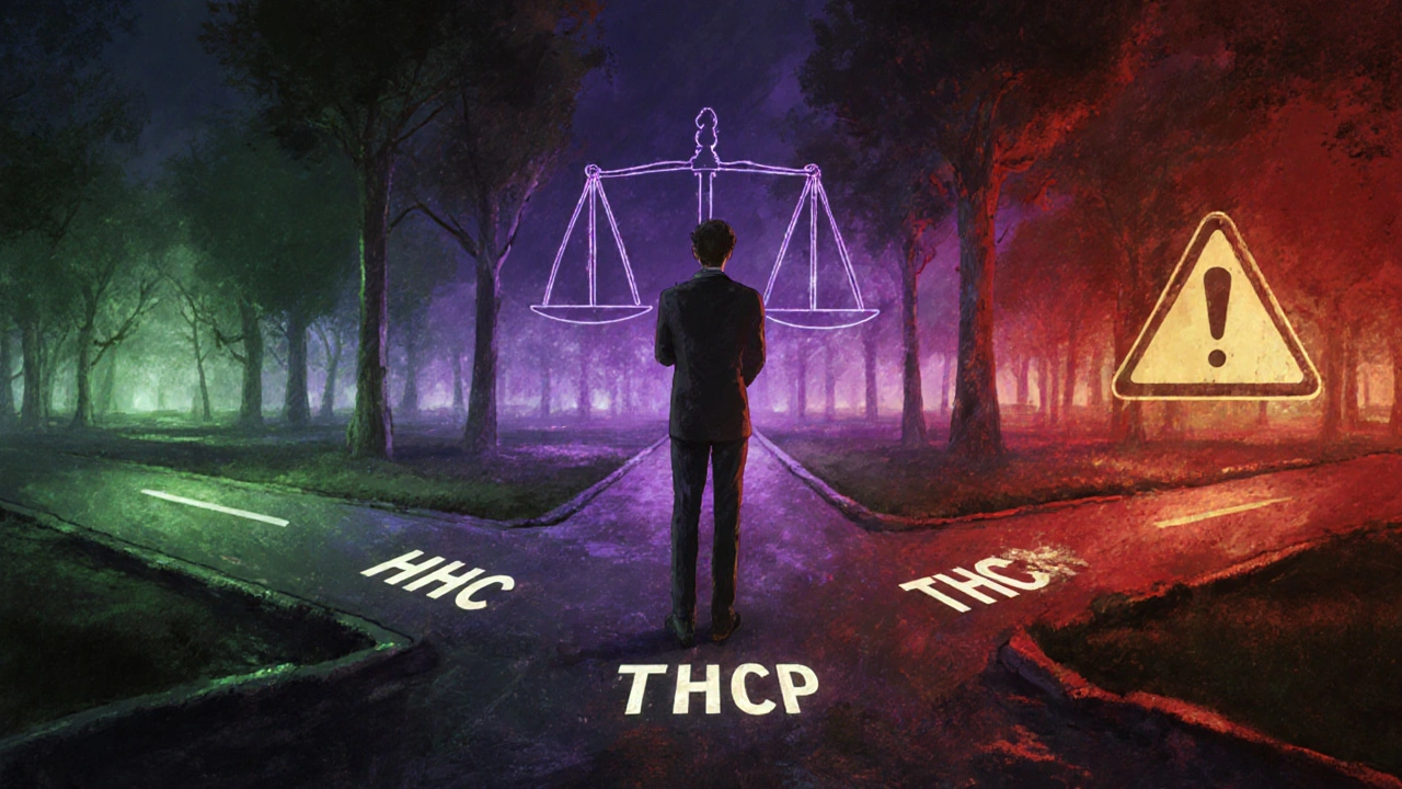 Člověk před třemi cestami symbolizujícími různé kanabinoidy.