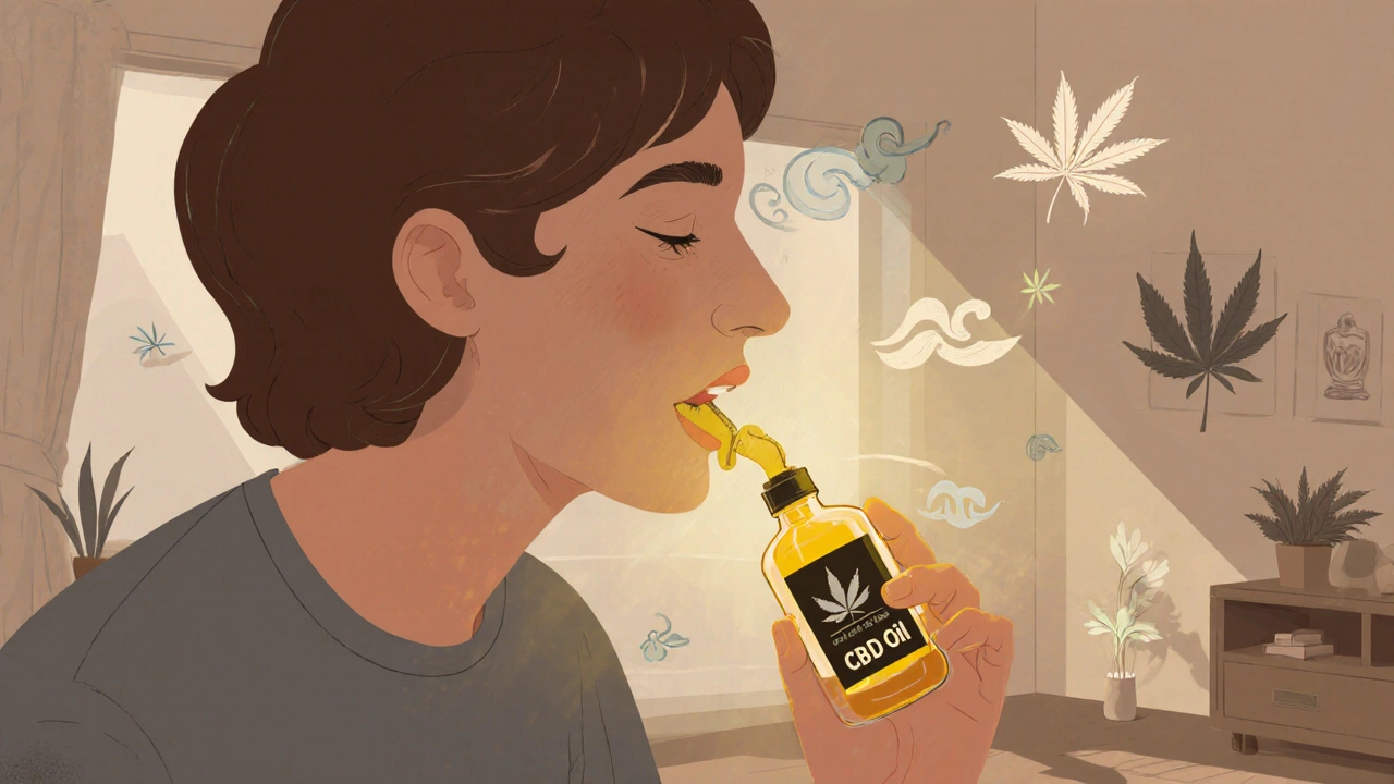 Osoba užívá CBD olej pod jazyk, kolem ní se vznášejí klidné symboly v teplém světle.