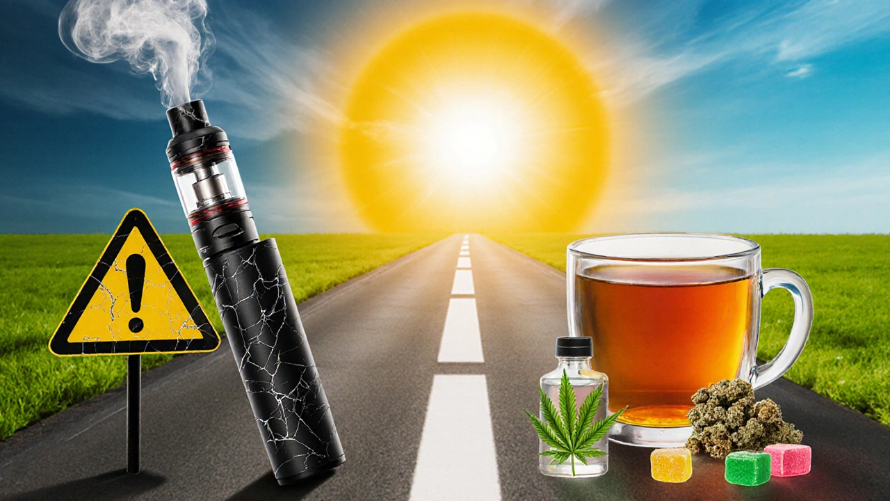 Přechod od nebezpečného vapingu k bezpečným alternativám: CBD olej, gummy a čaj s východem slunce.