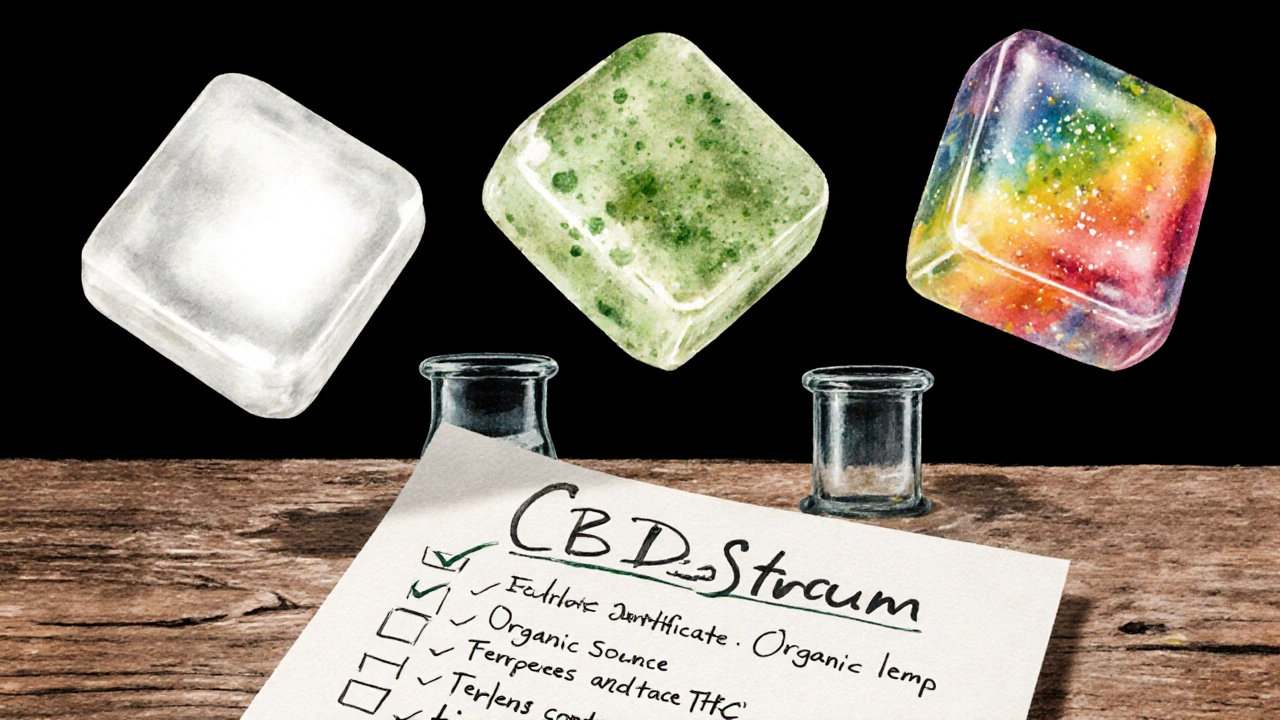 Akvarelová ilustrace tří typů CBD extraktu ve formě gummy s kontrolním seznamem kvality.