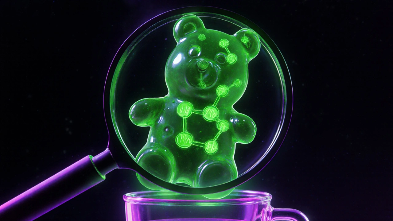 Gumička se mění v chemickou strukturu THC-COOH, symbolizující stejný výsledek testu jako marihuána.