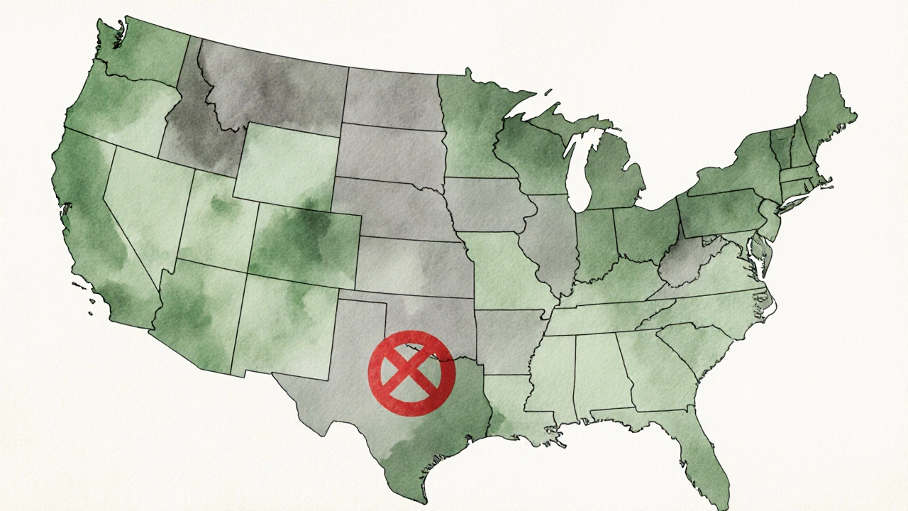 Mapa USA s šedými státy zakazujícími kouřitelné konopí a červeným symbolem zákazu.
