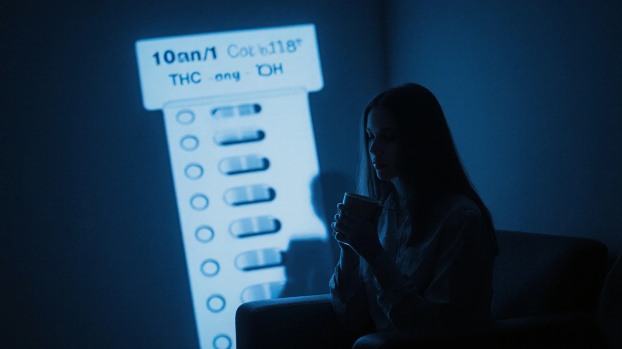 Osoba čeká v kanceláři s projekcí pozitivního 10-panelového drogového testu na zdi.