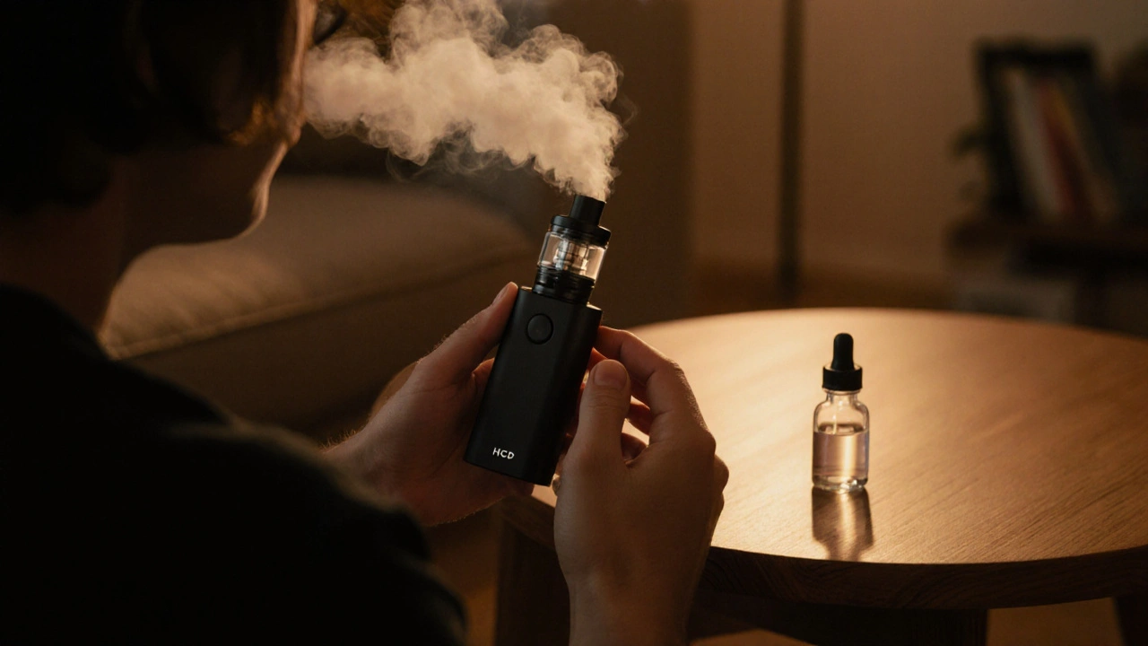 Osoba opatrně vaporizuje HHCP v domácím prostředí, vedle stříkačky s CBD.