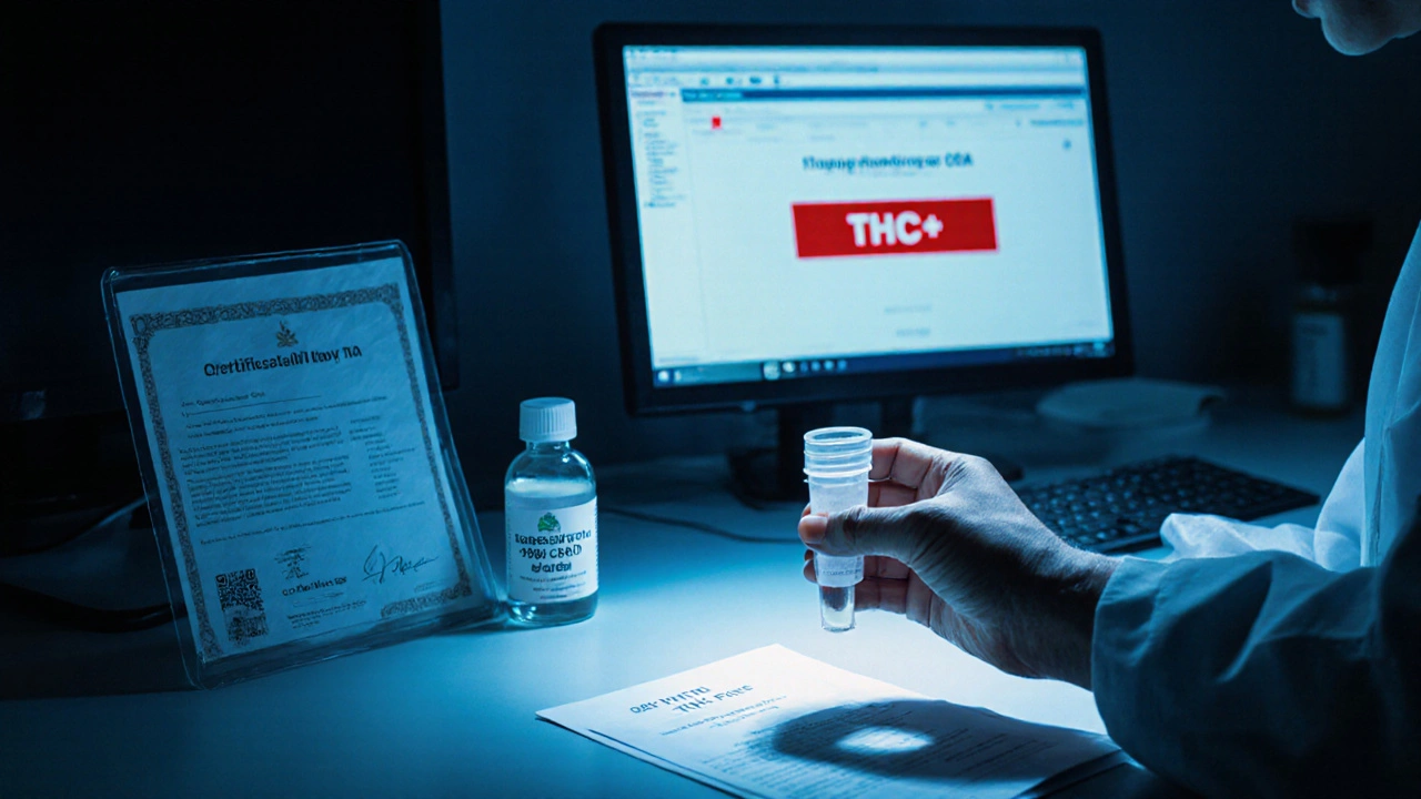 Osoba podává močový vzorek v pracovním testovacím prostředí s pozitivním výsledkem na obrazovce.