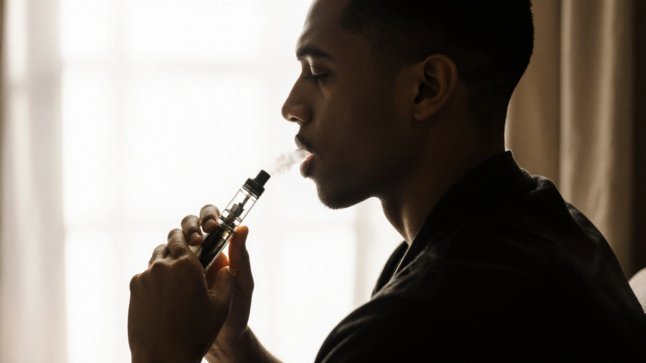 Osoba používající CBD olej pod jazyk místo vape pen, symbolizující bezpečnou alternativu.