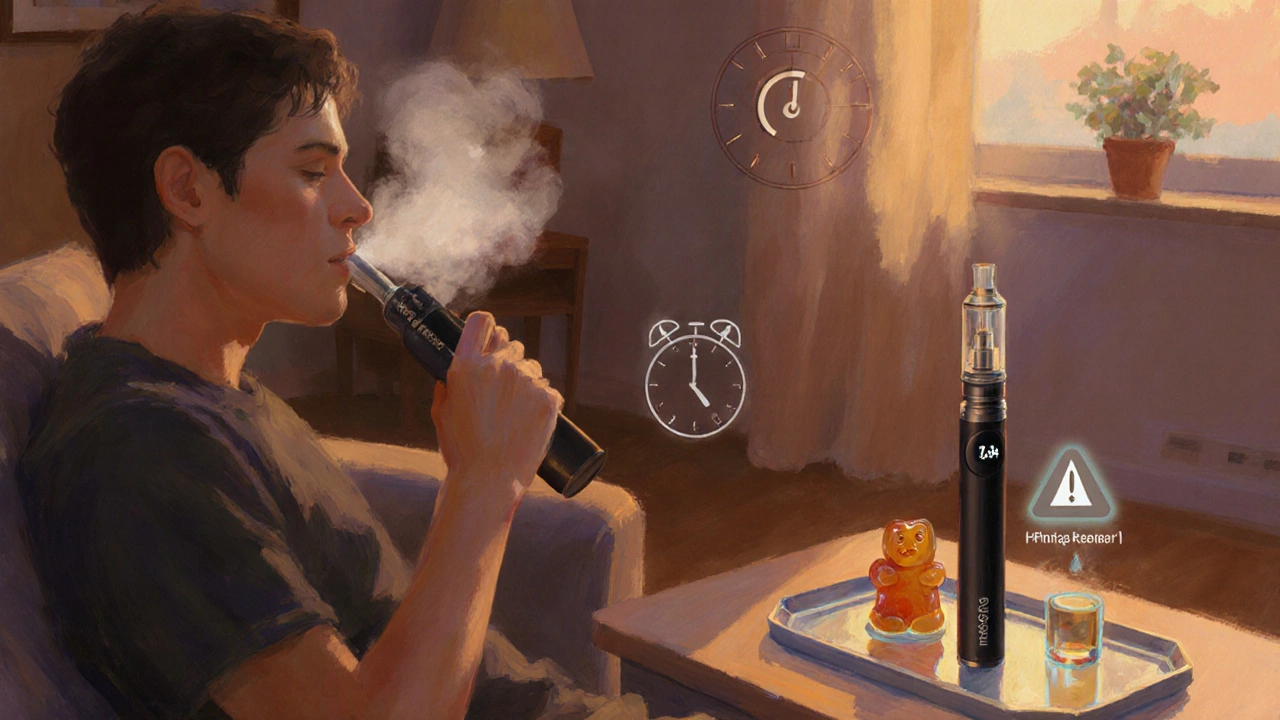 Osoba v klidném pokoji používá HHCP vape, atmosféra je uklidňující a opatrná.