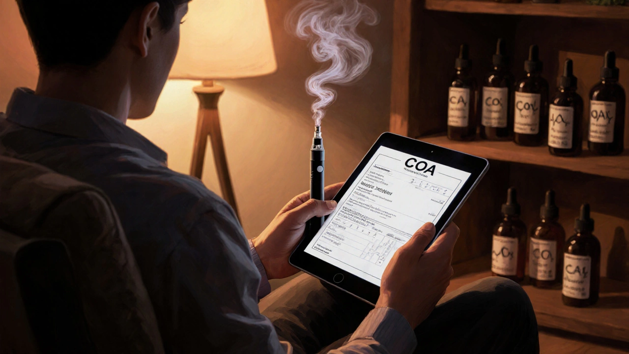 Osoba v útulném interiéru drží vape a tablet s analytickým certifikátem, okolo měkké světlo.