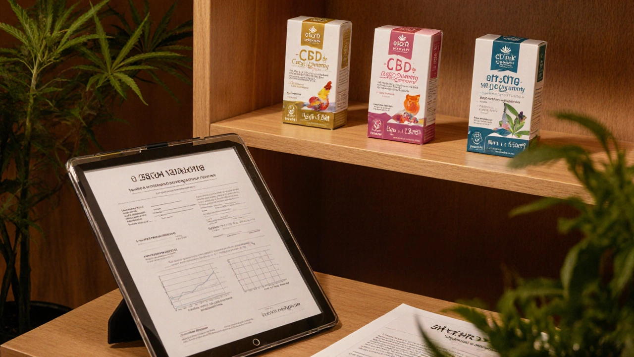 Police v lékárně s krabičkami CBD gummies, laboratorním protokolem a právním dokumentem.