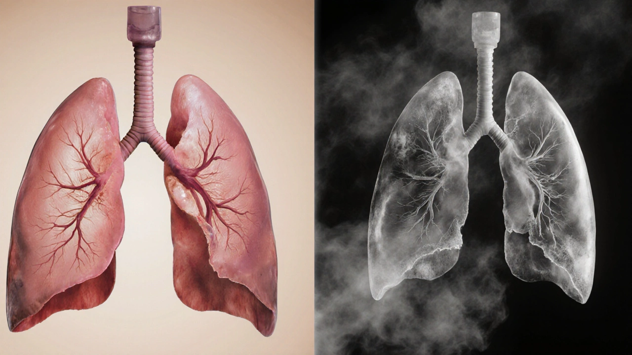 Porovnání zdravého a poškozeného plicního tkáně po vapingu v jedné scéně.