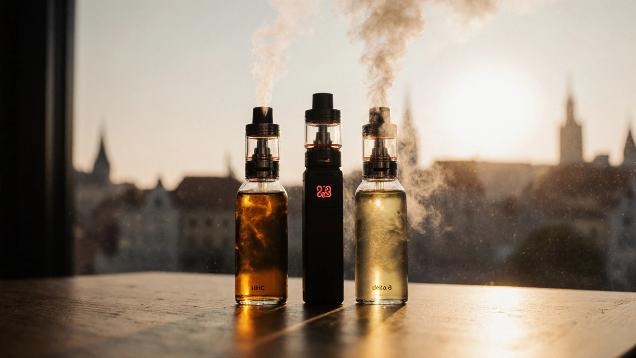 Pracovní plocha s dvěma cartridge, vape‑penem a městem v pozadí, naznačující právní kontext.