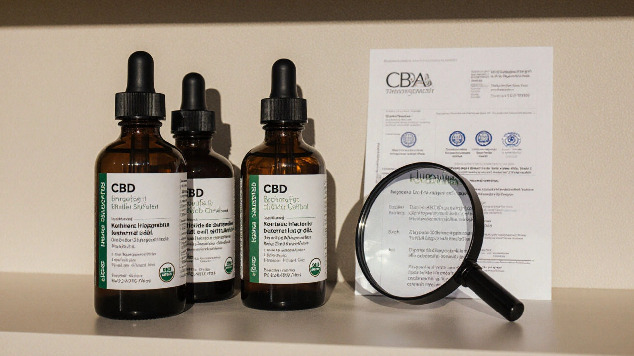 Regálová police s třemi lahvičkami CBD oleje z ČR, s certifikáty a jasnými štítky.