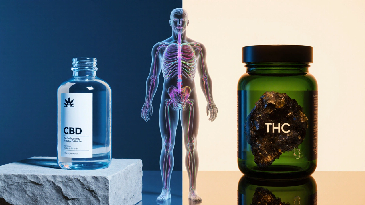 Rozdělený obrázek: CBD olej vs THC rezin, mužská postava s hormonálními liniemi.