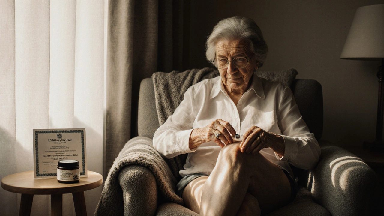 Starší žena aplikuje CBD krém na koleno, sedí v křesle s plaidem, slunce v okně.