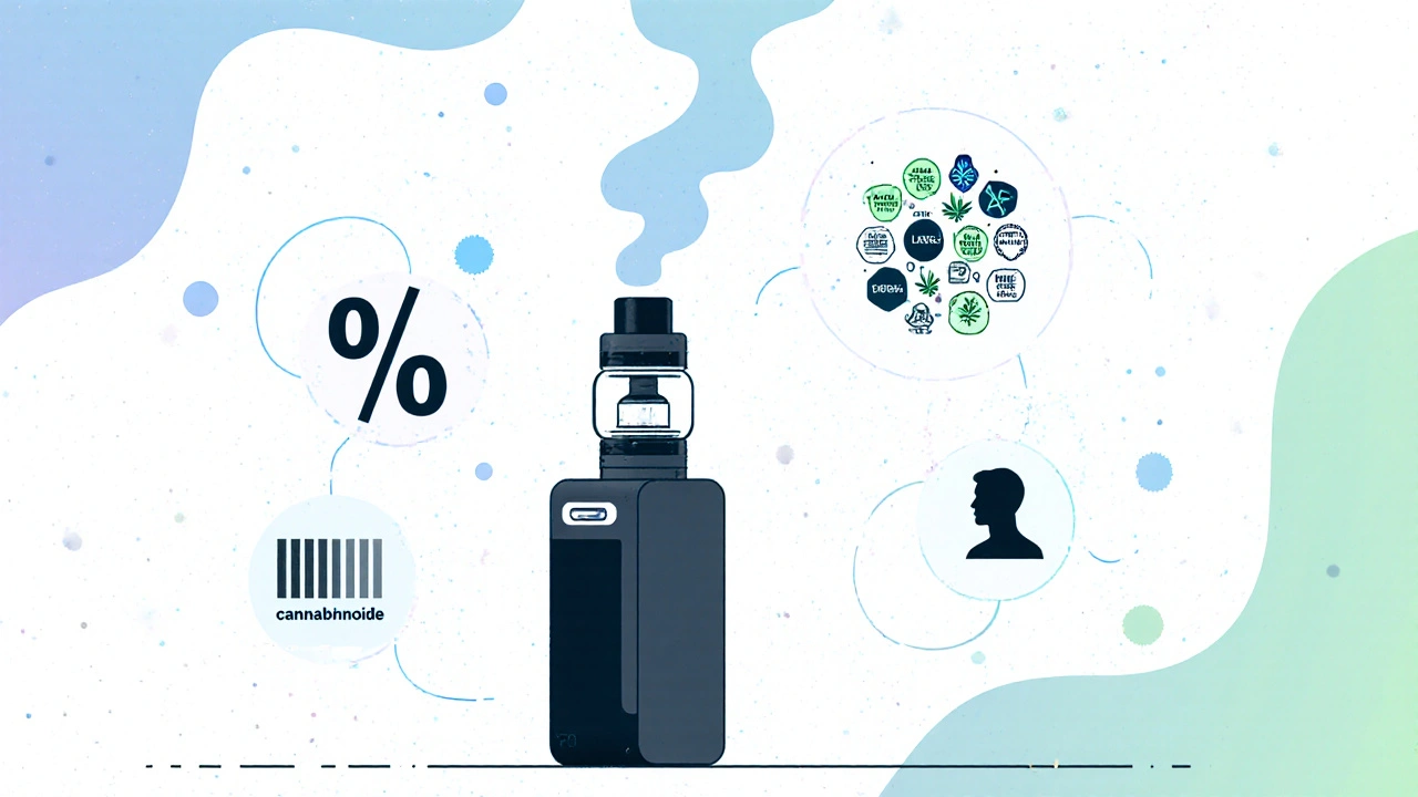 Vape s viditelným coilem obklopený ikonami ukazujícími koncentraci, terpeny a faktory uživatele.