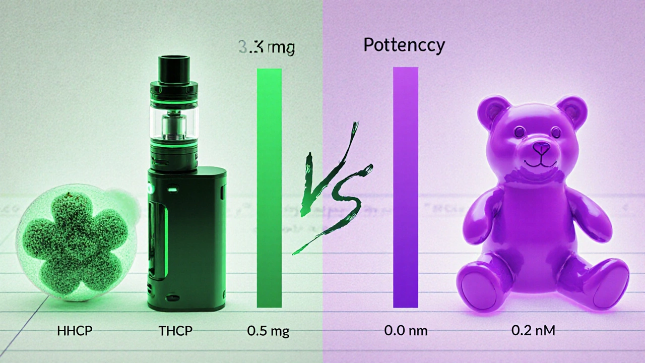 Vedlejší zobrazení molekul HHCP a THCP s barevnými pruhy ukazujícími jejich sílu.