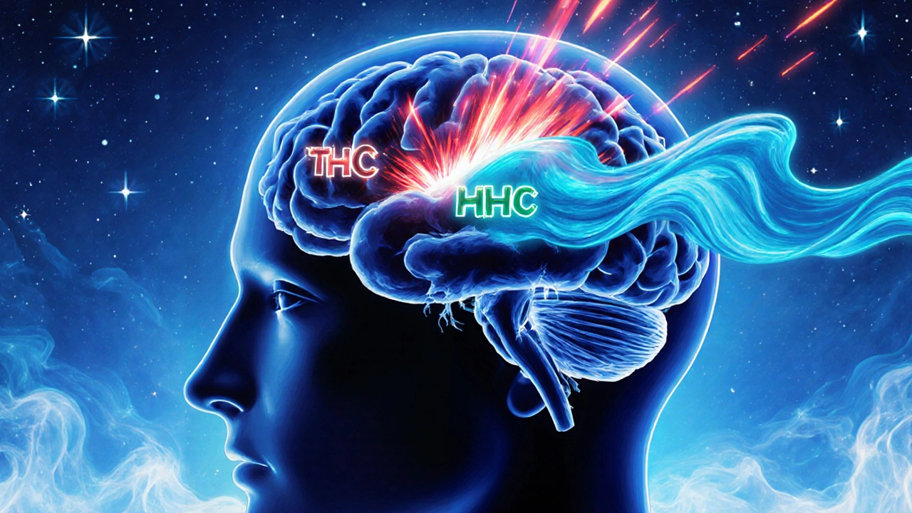 Abstraktní obrázek mozku s dvěma různými cestami aktivace: HHC a THC.