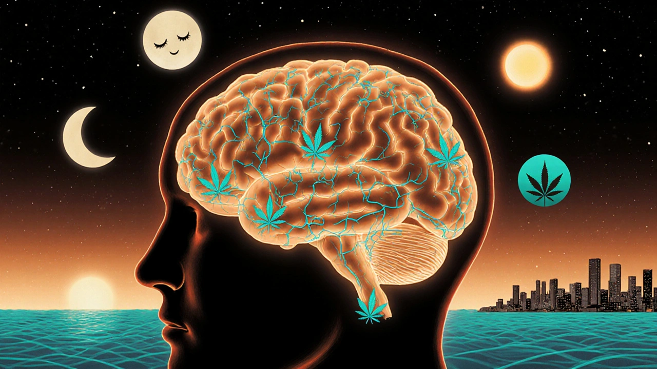 Abstraktní obrázek mozku s jasnými nervovými spojeními a symboly konopí.