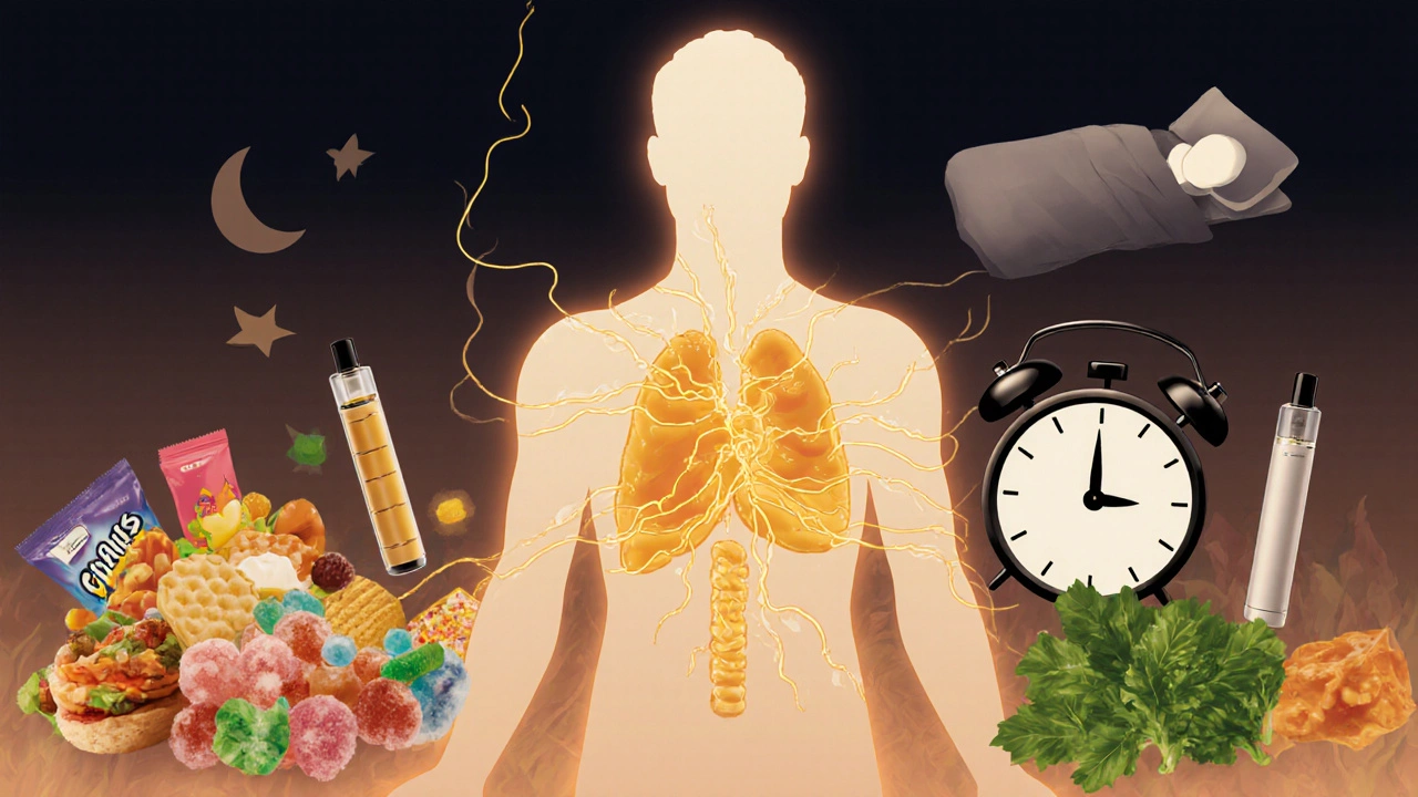 Abstraktní silueta těla s energií metabolizující tuk, proti pozadí zdravého a nezdravého stylu života.