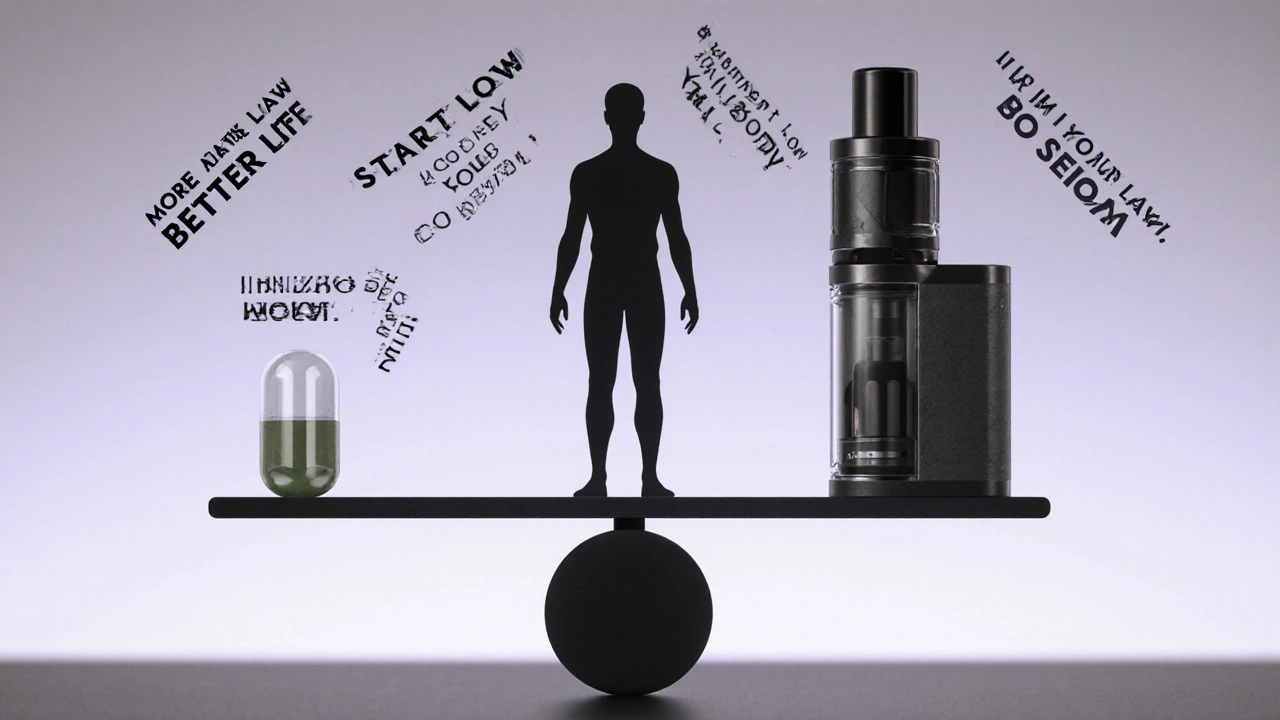 Balanced scale with small CBD capsule and large vape cartridge, person standing calmly in middle.