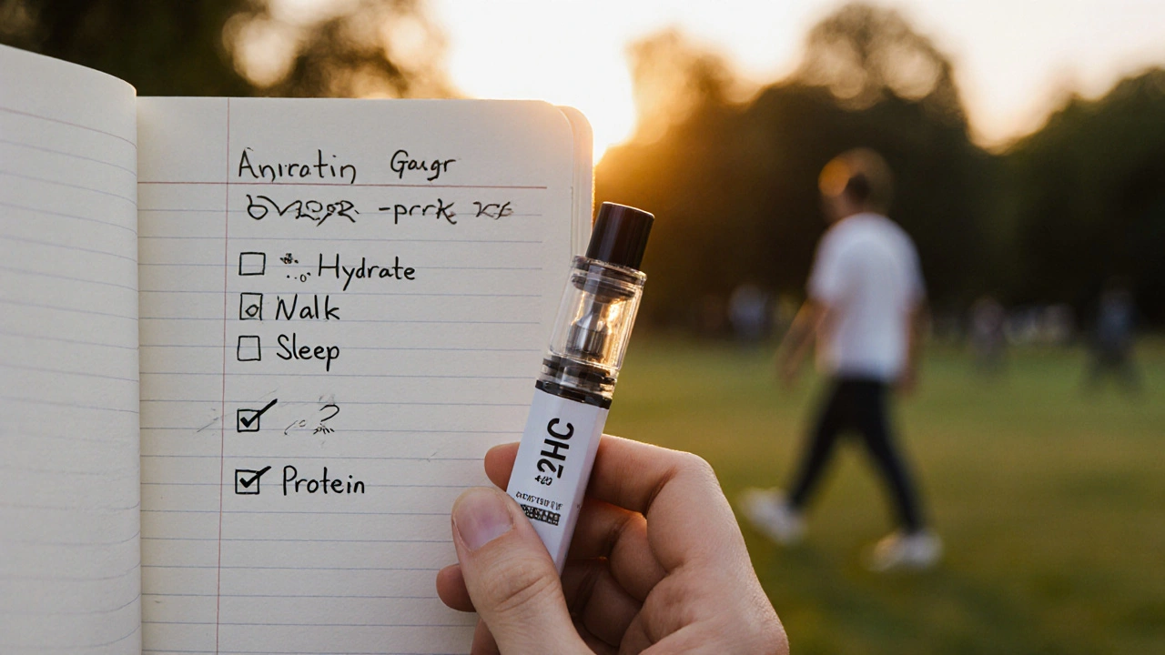 Čistý vape cartridge vedle zdravotního checklistu a osoba kráčející v parku při západu slunce.