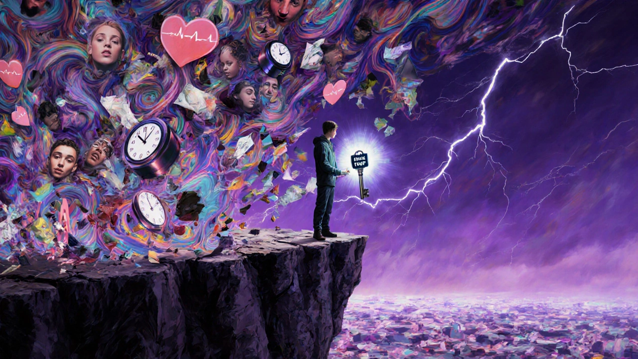 Člověk na okraji útesu drží zářící klíč THCP, za ním bouře psychických efektů.