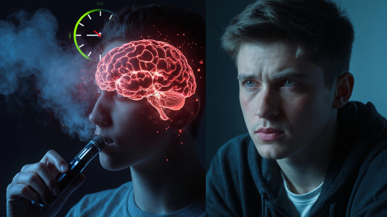 Dívka vdechující vape na jedné straně, stejná dívka unavená a bez energie na druhé.