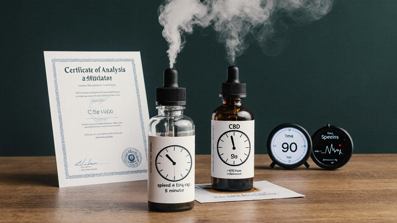 Dva produkty CBD — vape a olej — s časovými rozdíly účinků a certifikátem čistoty.