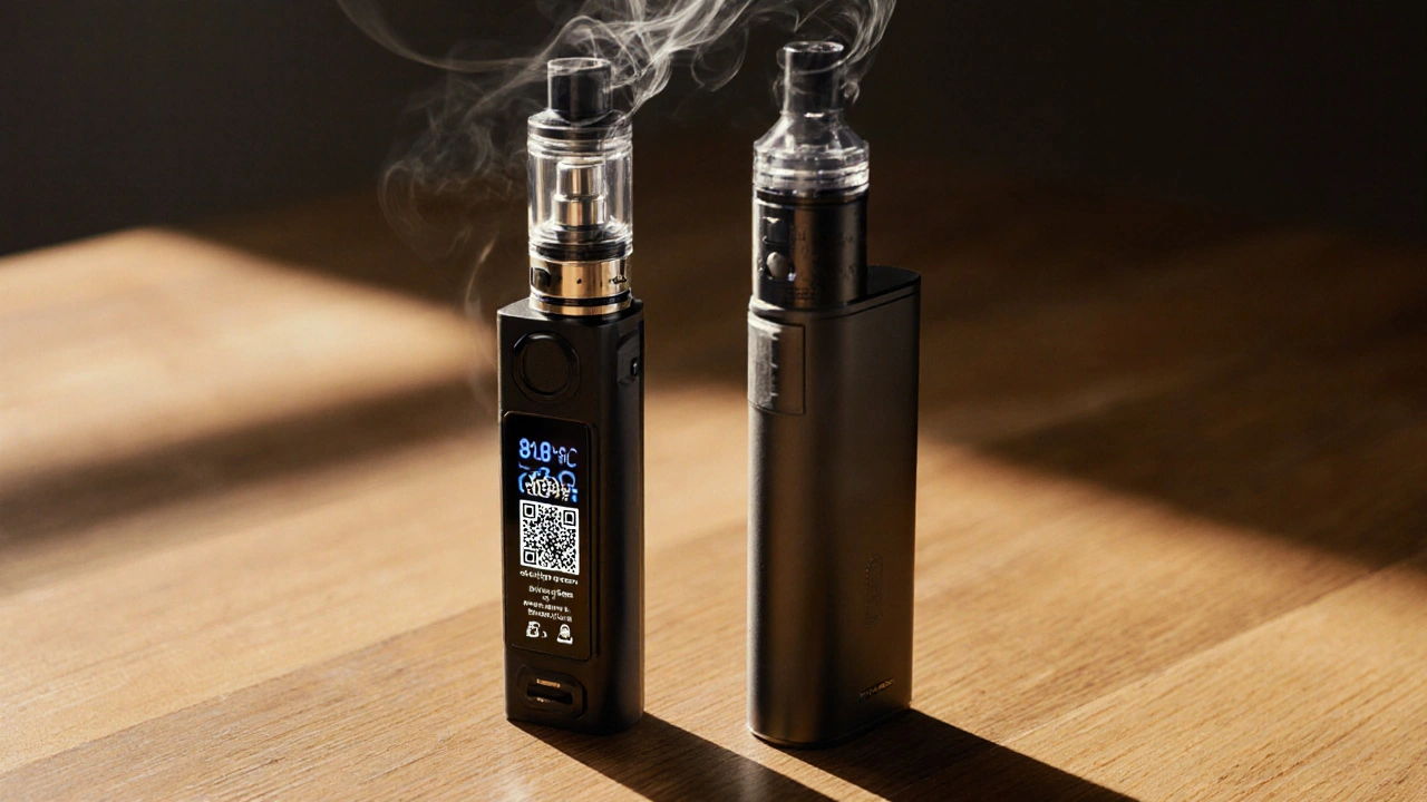 Dva vape s HHC vedle sebe: jeden s vysokou koncentrací a laboratorním kódem, druhý prázdný.