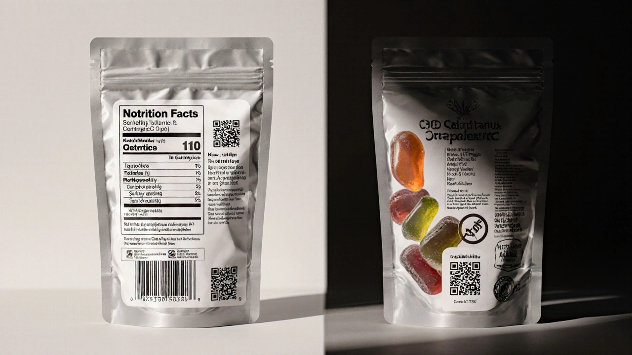 Dvě balení CBD gummy: jedno čisté a ověřené, druhé nebezpečné.