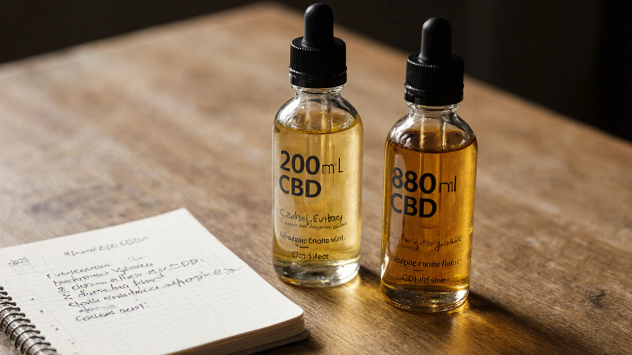 Dvě lahve CBD kapaliny s různými koncentracemi na dřevěné tabuli s poznámkami.