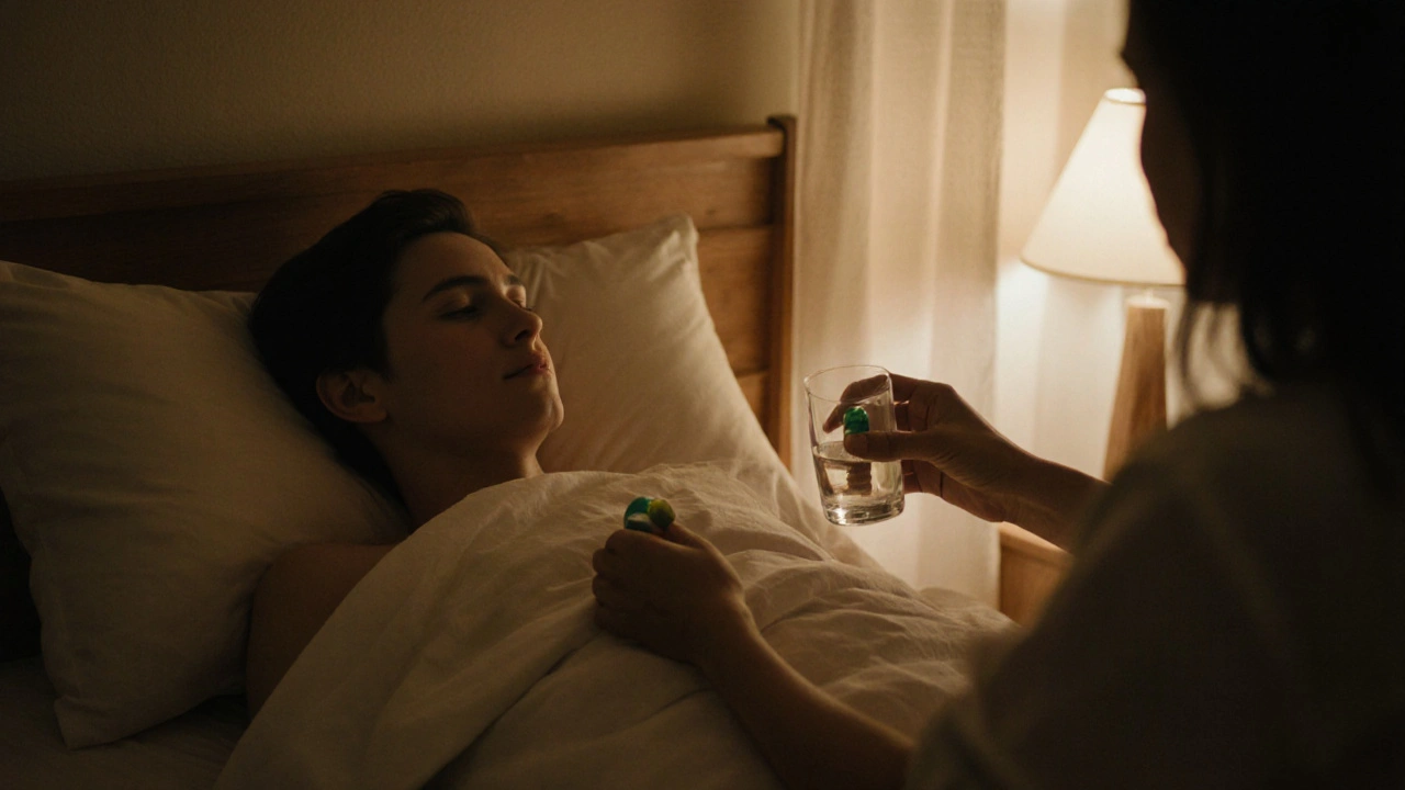 Dvě osoby v klidné ložnici, jedna podává druhé vodu a CBD gumičku při měkkém světle.