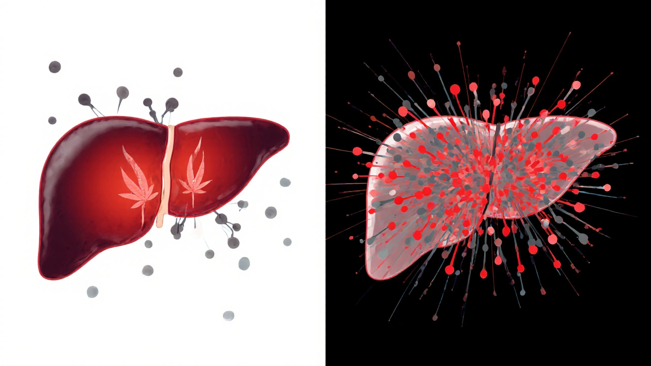 Dvě scény játry: jedna zdravá, druhá přetížená chemickými interakcemi CBD a alkoholu.