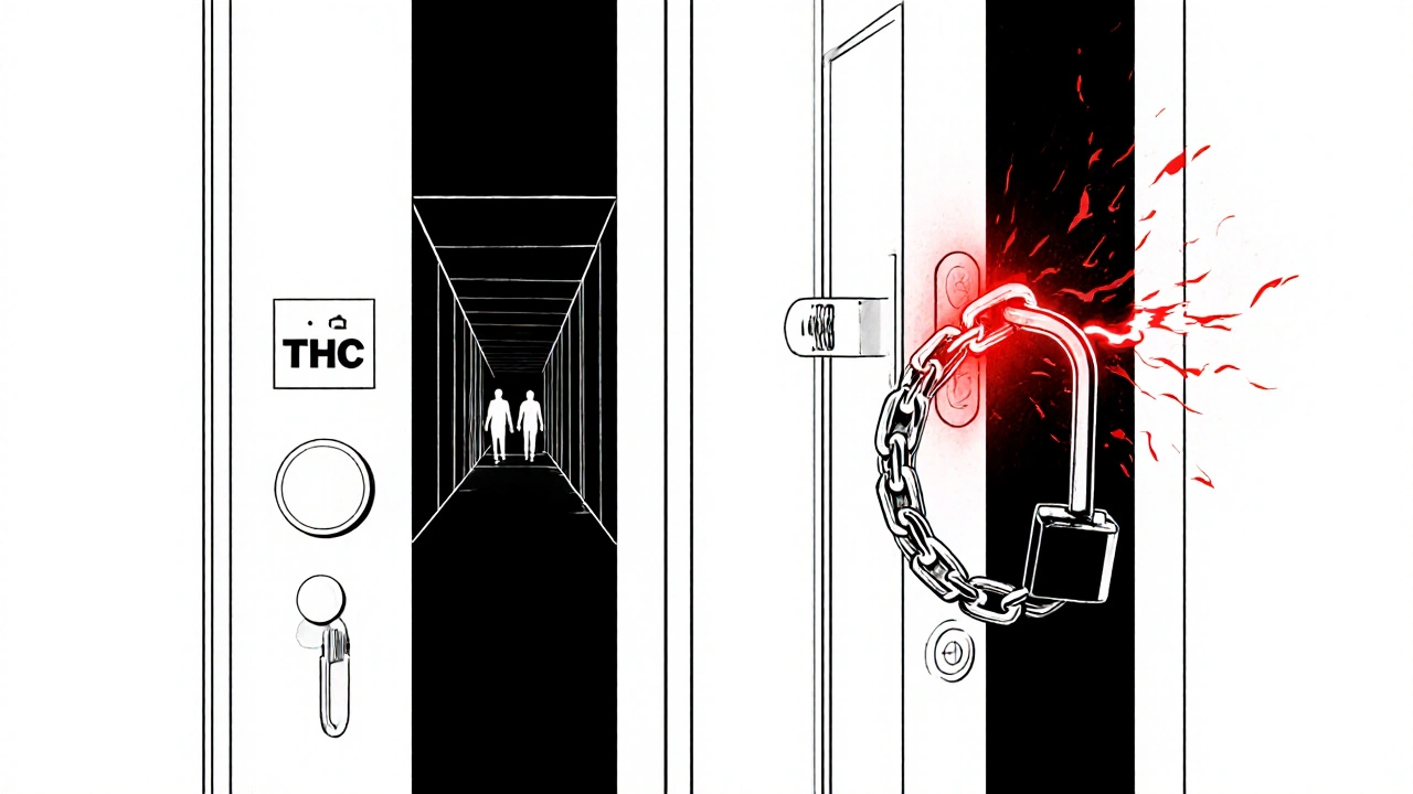 Dveře s nápisem THC a THCP: jedny otevřené, druhé zamčené řetězem a zámkem.