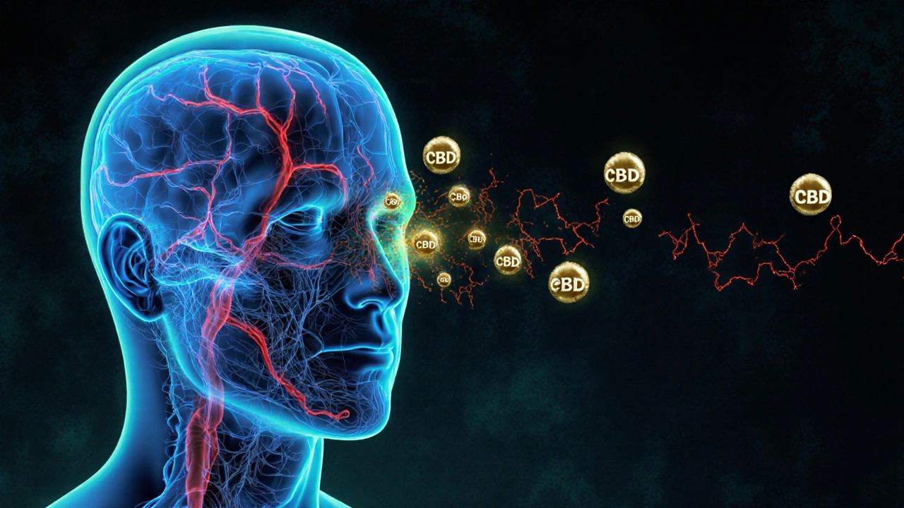 Glowing nervous system s CBD molekulami uklidňujícími stresové signály.