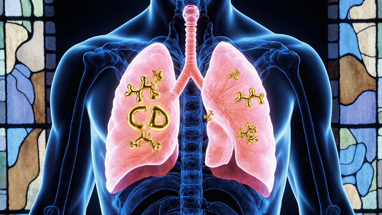 Ilustrace plic a krevního oběhu s CBD molekulami interagujícími s receptorami.