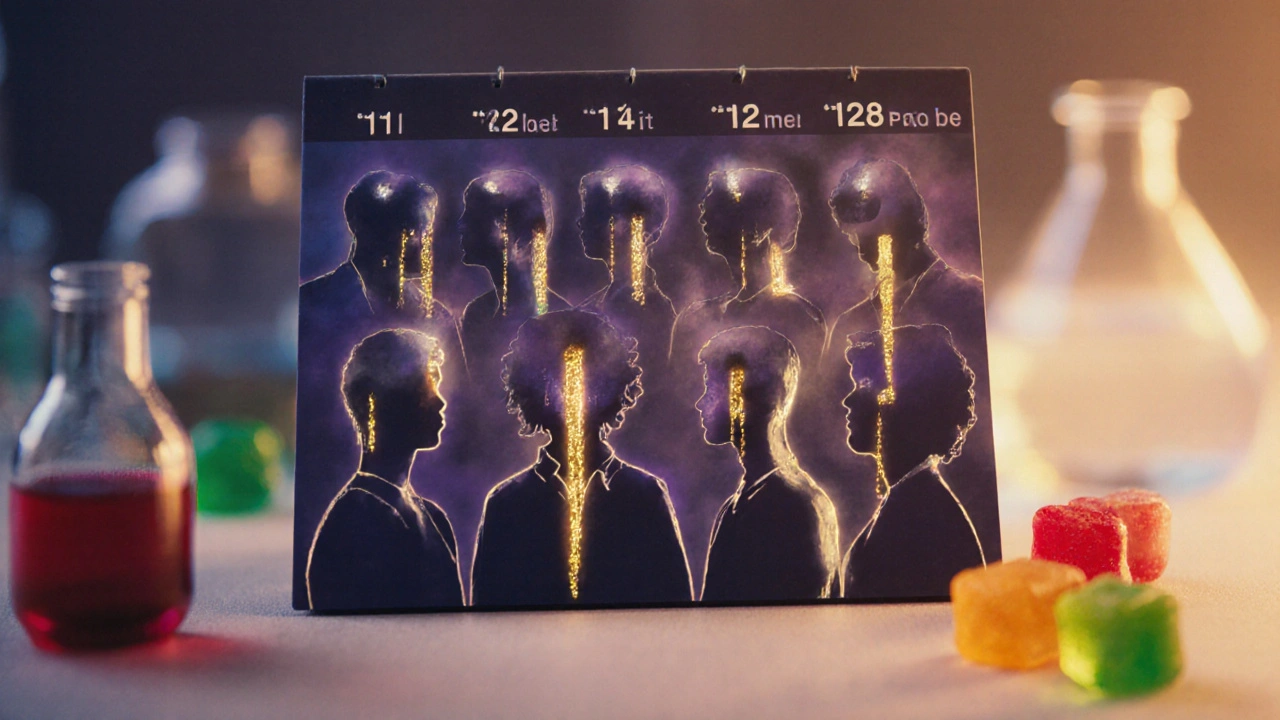 Kalendář s 14 dny ukazující postupné mizení stopy Delta 8 ze slin.