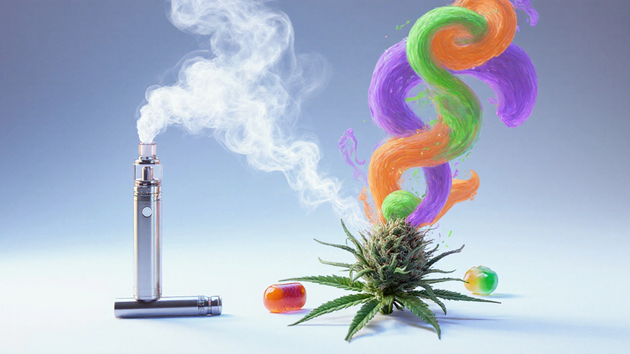 Koncepční obrázek: HHC je neviditelný motor, terpeny jsou barevné vůně vycházející z květu.