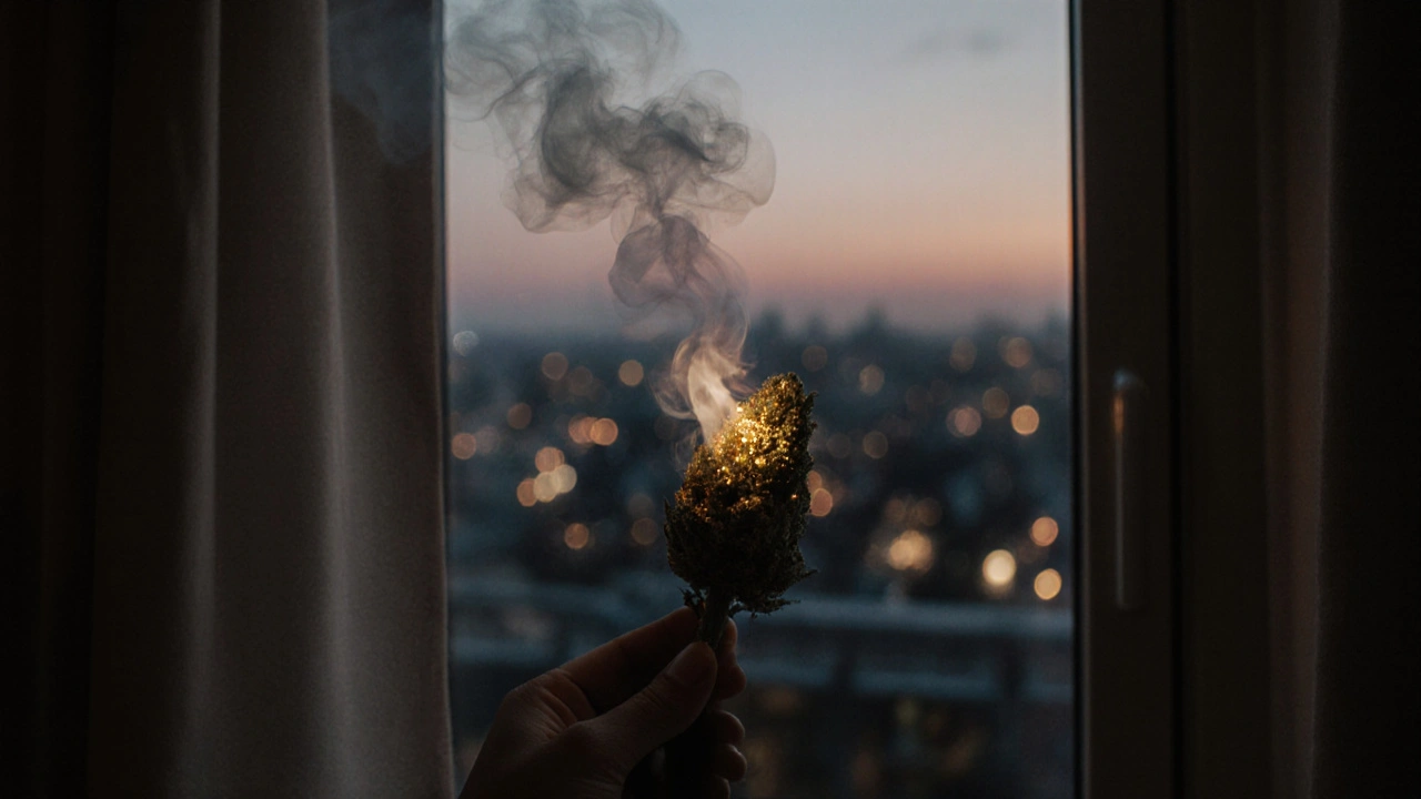 Kouření HHC květu na balkóně ve večerním světle, kouř se vznáší do vzduchu.
