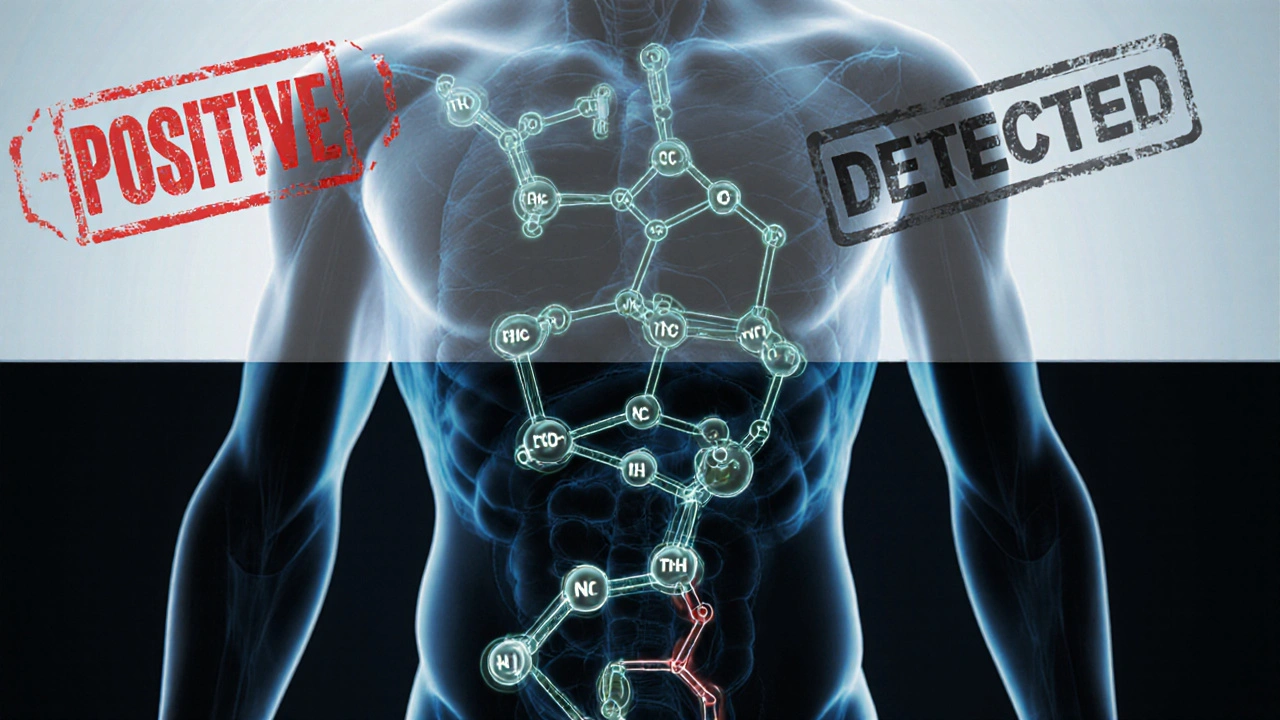 Lidský silueta s překrývajícími se metabolity THC a THCP v močovém traktu.