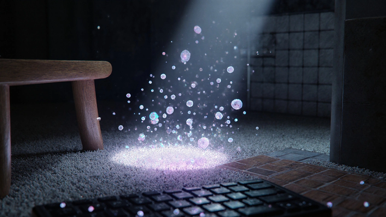 Mikroskopické částice vypařených látek přilnavě na různých površích domácnosti.