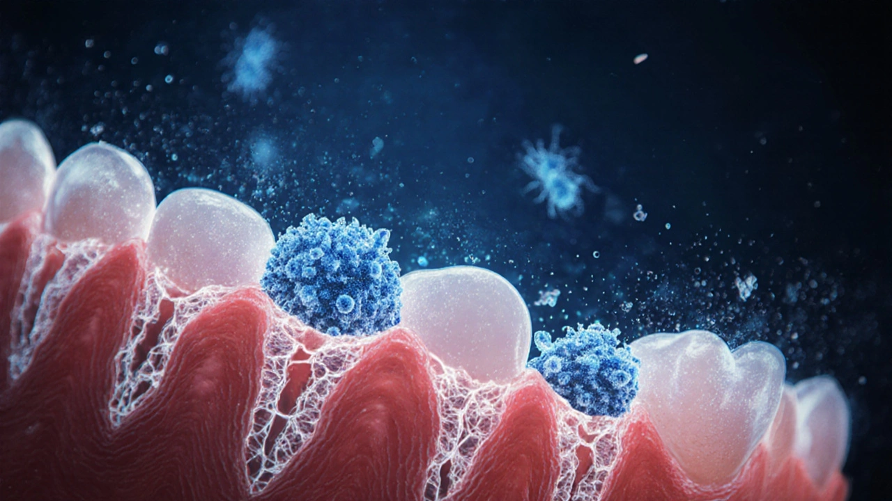 Mikroskopický pohled na bakterie a poškození dásní