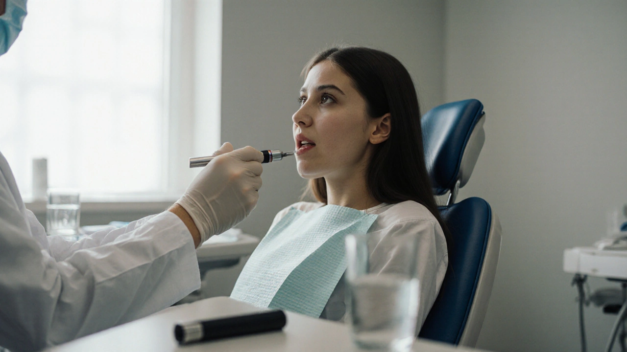 Mladá žena u zubaře s prohlížením klesajících dásní