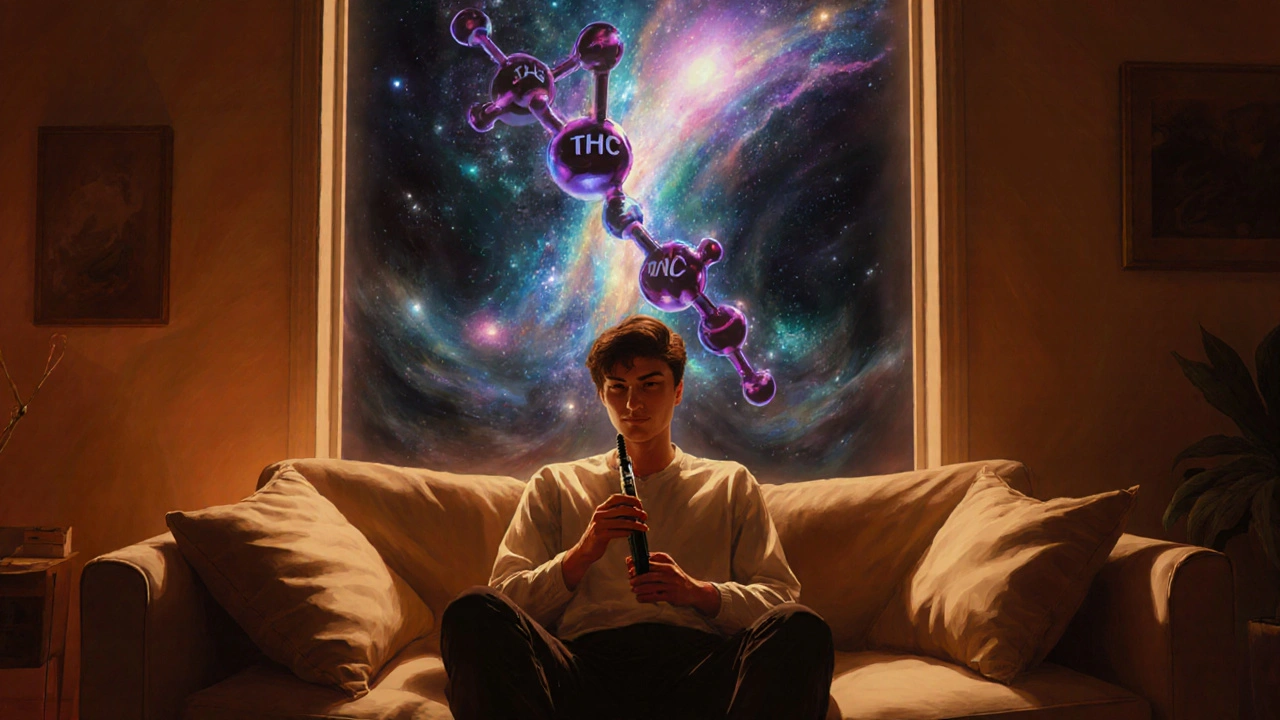 Osoba klidně sedí s HHC vape penem, za ní obrovský THCP molekulový tvar se rozprostírá jako kosmická bouře.