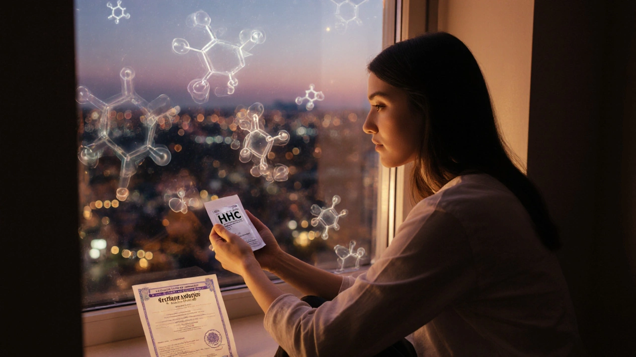 Osoba sedí u okna s balíčkem HHC a certifikátem analýzy při západu slunce.