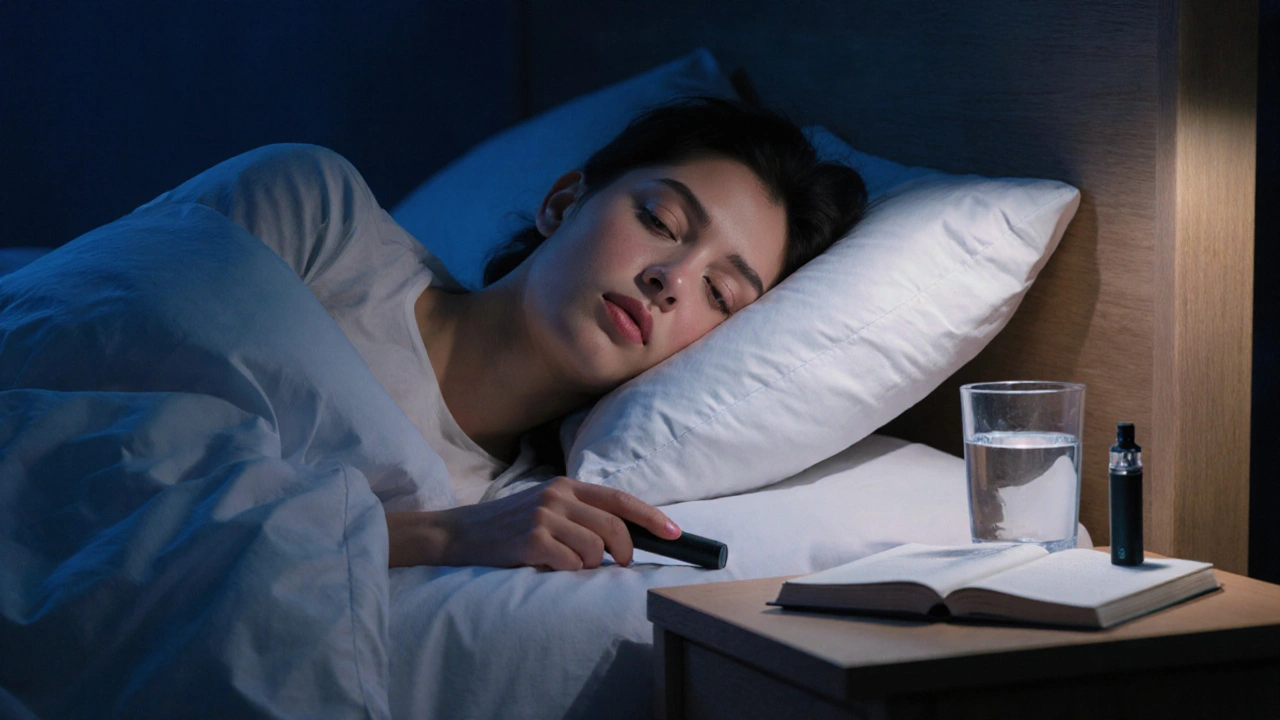 Osoba spí v posteli, CBD vape pen leží na nočním stolku pod měsíčním světlem.