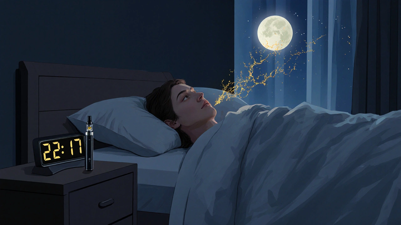 Osoba spí v posteli s vape perem na nočním stolku a měsíčním světlem.